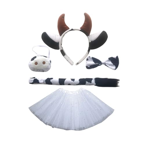 THINCAN Kuhkostüme Set Kuhohren Schwanz Fliege Tutu Rock Handschuhe Nase Animal Fancy Costume Accessoires Für Halloween Cosplay von THINCAN