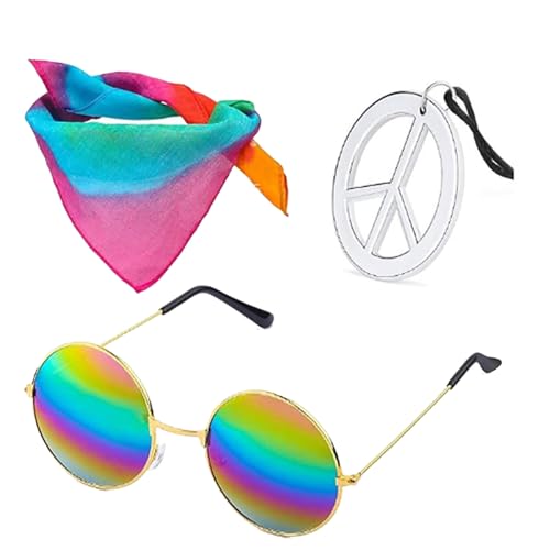 THINCAN Runde Hippie Sonnenbrillen Kits Für Hippie Kostüm Accessoires Hippie Kostüm Set Hippie Stirnband Hippie Schild Halskette von THINCAN