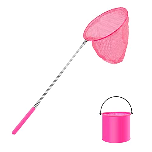 THT 1 Stück Teleskop-Schmetterlingsnetz with 1PCS Faltbarer Eimer für Kinder, Fischernetz, Teichnetz, ausziehbar, Fangen von Insekten, kleinen Fischen, Outdoor, Strand, Garten Aktivitäten (Rosa) von THT