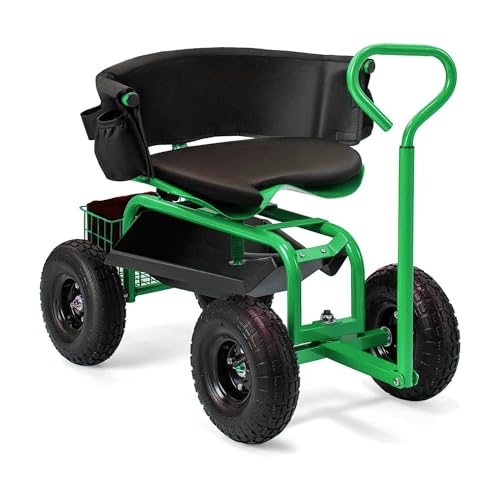 THUNDERBAY Gartenwagen Rollbarer Arbeitssitz mit Rädern, 360 Grad Drehsitz, Wagon Scooter mit Lenkgriff & Utility Tool Tray zum Bepflanzen, mit Aufbewahrungskorb und Werkzeugtasche, Grün von THUNDERBAY