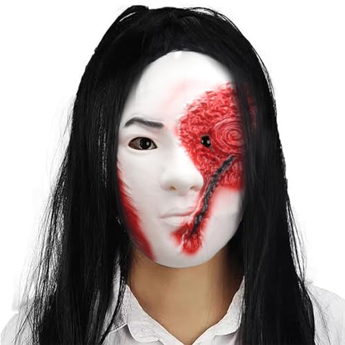 TIANHOO Halloween Gruselige Maske, Blutige Gesichtsmaske Vollkopfmaske Halloween Gruselige Maske mit schwarzem langem Haar, Latex Maske Halloween Maske Karneval von TIANHOO