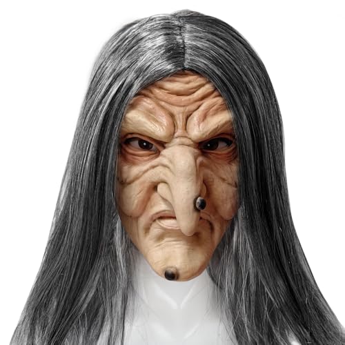 TIANHOO Halloween Gruselige Masken Hexenmaske Gruselige Alte Frau Hexe Maske mit Lange Haaren Horror Realistische Hexen Maske für Halloween Karneval Party Kostüm Cosplay Kostüm Dekorationen von TIANHOO
