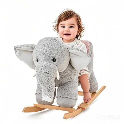 Schaukelpferd aus Plüsch – Reitelefant mit Holzgestell und Sicherheitsgurt für Kinder von 18-36 Monaten Schaukelpferd aus Plüsch – Reitelefant mit Holzgestell und Sicherheitsgurt für Kinder von 18-36 Monaten von TIANJZSUN