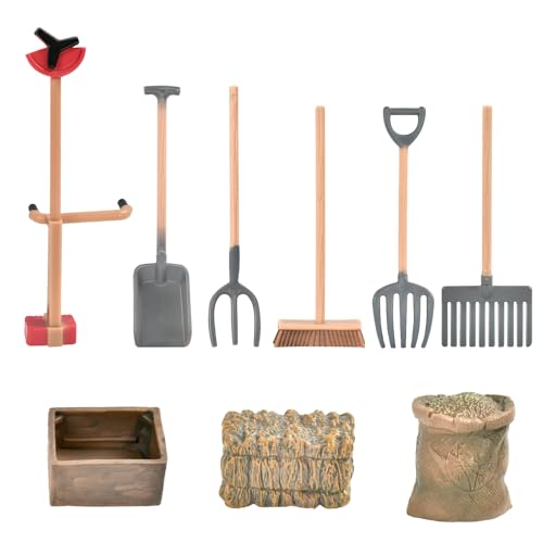 Miniatur Bauernhof Zubehör, 9pcs Bauernhof Zubehör Set, Mini Gartenwerkzeug Puppenhaus, Puppenhaus Garten Zubehör, Geeignet für Die Dekoration Eines Puppenhaus-Gartenbauernhofs von TIANLUD