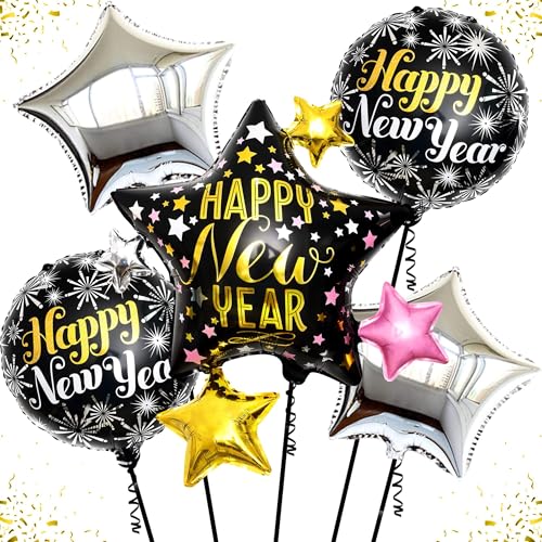 Silvester Ballons Set - 5 Stück Folienballon, Deko 2025, Happy New Year Balloons, Helium Ballon, Frohes Neues Jahr-Dekoration, Dekorationsset (Silber) von TIANLUD