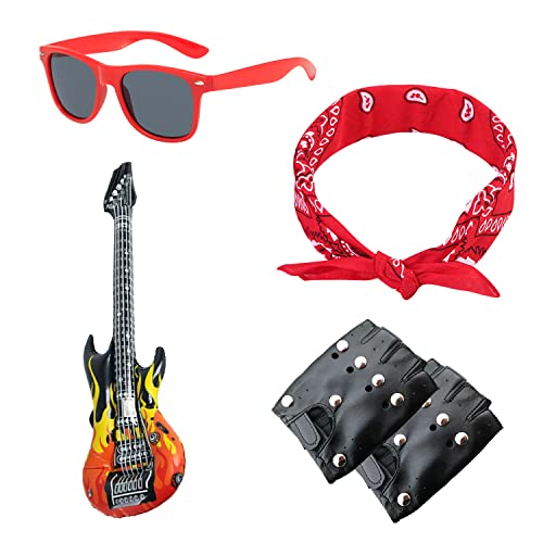 TIANNAIT 5-teiliges Punkrock-Party-Kit, aufblasbare Gitarre, Modebrille, Hip-Hop-Bandana, Rave-Handschuhe mit Nieten, Rockstar-Kostüm, 70er-80er-90er-Disco-Kostümzubehör, Rock-Punk-Gig-Party. von TIANNAIT