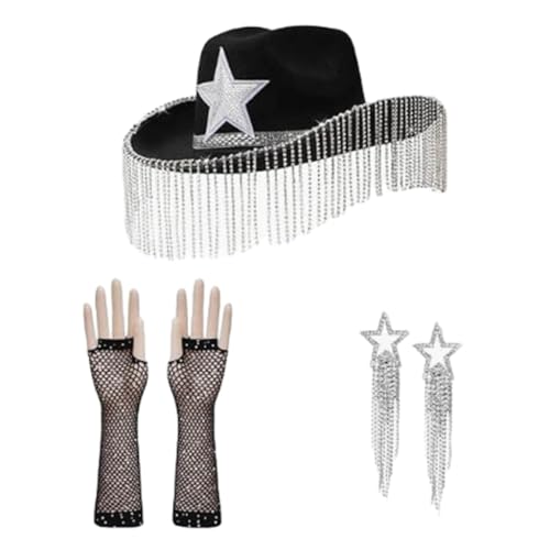 TIANQUXNGI Strass-Kostüm-Set, Western-Kostüm, breite Krempe, Sternhut, Armärmel, Ohrringe, Erwachsene, Rollenspiel, Party, Fotoanzug, 3-teilig TIANQUXNGI Strass-Kostüm-Set, Western-Kostüm, breite Krempe, Sternhut, Armärmel, Ohrringe, Erwachsene, Rollenspiel, Party, Fotoanzug, 3-teilig von TIANQUXNGI