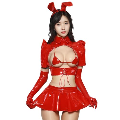 TIANXIAOQWE Bunny Mädchen-Outfit Darling Maid Kostüm Damen Leder Top BH Rüschen Rock Hasenohren Stirnband TIANXIAOQWE Bunny Mädchen-Outfit Darling Maid Kostüm Damen Leder Top BH Rüschen Rock Hasenohren Stirnband von TIANXIAOQWE