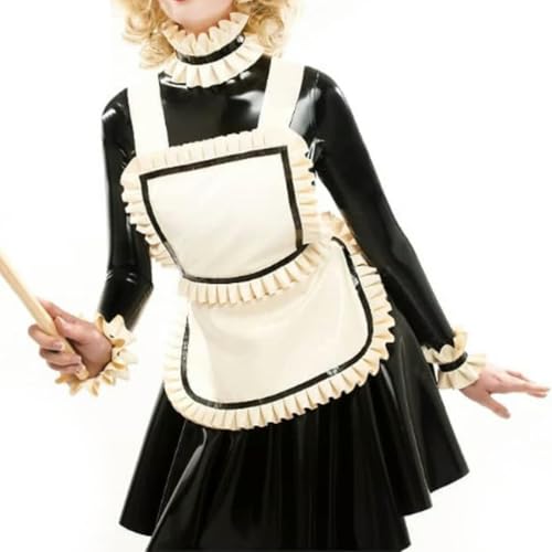 TIANXIAOQWE French Maid Latexkleid mit Streifen auf großer Schürze, Reißverschluss hinten, Gummi-Uniform, figurbetonter Spielanzug von TIANXIAOQWE