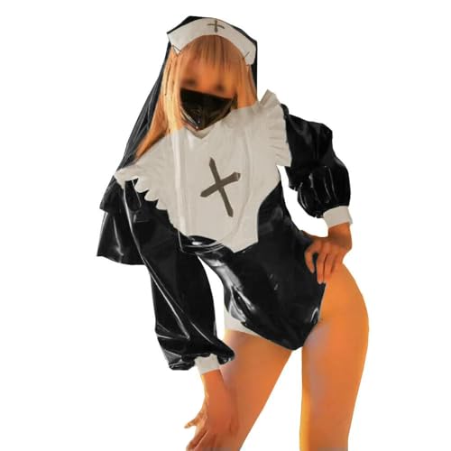 TIANXIAOQWE Halloween-Nonnen-Body mit Kopftuch, Sissy Puff, langärmelig, PVC, Catsuit, Crossdressing, Party TIANXIAOQWE Halloween-Nonnen-Body mit Kopftuch, Sissy Puff, langärmelig, PVC, Catsuit, Crossdressing, Party von TIANXIAOQWE