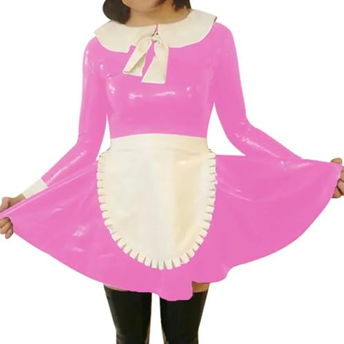 TIANXIAOQWE Lolita Maid Damen-Set, PVC, Wet-Look, langärmelig, mit Schürze, für Cosplay-Partys, Themen-Events von TIANXIAOQWE