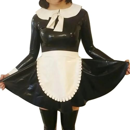 TIANXIAOQWE Lolita Maid Damen-Set, PVC, Wet-Look, langärmelig, mit Schürze, für Cosplay-Partys, Themen-Events von TIANXIAOQWE