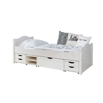 TiCAA Einzelbett Leni 90 x 200 cm Kiefer weiß mit 4 Funktionsschubladen TiCAA Einzelbett Leni 90 x 200 cm Kiefer weiß mit 4 Funktionsschubladen von TICAA