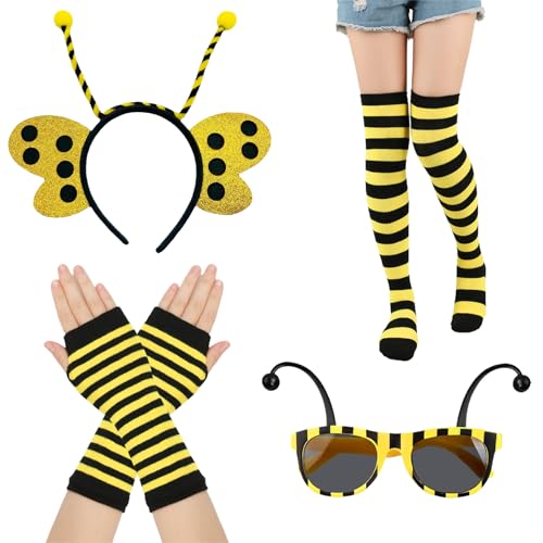 Bee Costume - Vier Teile Set mit Bienenkostüm für Erwachsene und junge Leute - Fingerlose Handschuhe, Bienen-Accessoires, Bienen-Sonnenbrille und Beinsocken von TICKLELY