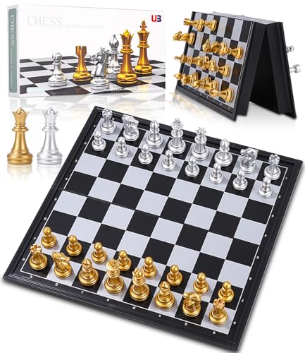 TIDEVAN Schachspiel,25 x25 cm Schachspiel Magnetischem Schachbrett Magnetisch Einklappbar Schachspiel Reise Spiel Klapp und Tragbares Brettspiel,Chess Set für Party Familie Aktivitäten Gold und Silber von TIDEVAN