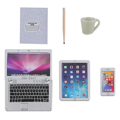 TIESOME 6 teiliges Puppenhaus Miniatur Laptop Set, 1:12 Mini Laptop Computer Puppenhaus Dekoration kleines Puppenhaus Möbelmodell Simulations Tablet (Silber) von TIESOME