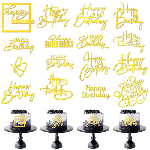 TIESOME 16 Stück Goldene „Happy Birthday“ Kuchenaufsätze, Goldene Spiegel Acryl Kucheneinsätze Happy Birthday Tortendeko Cupcake Topper Für Geburtstagspartys Kuchen Desserts Gebäck von TIESOME