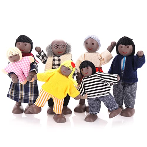 TIESOME Puppenhaus Familienfiguren, 7 Stück Holz Puppenhaus Familie Menschen Mini verstellbare Familienpuppen Figuren Familie Rollenspielfiguren Miniatur Puppenhaus Zubehör (A) von TIESOME