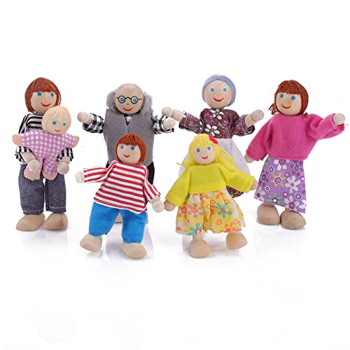 TIESOME Puppenhaus Familienfiguren, 7 Stück Holz Puppenhaus Familie Menschen Mini verstellbare Familienpuppen Figuren Familie Rollenspielfiguren Miniatur Puppenhaus Zubehör (B) von TIESOME