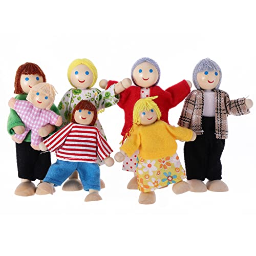 TIESOME Puppenhaus Familienfiguren, 7 Stück Holz Puppenhaus Familie Menschen Mini verstellbare Familienpuppen Figuren Familie Rollenspielfiguren Miniatur Puppenhaus Zubehör (C) von TIESOME