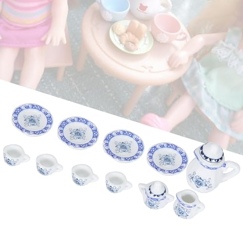 TIKATARER Miniaturporzellan Tee -Set, Puppenhaus Miniatur Porzellan Tee Tasse Miniaturdekor Dessert Gebäck Kuchen Dekor Tellerpuppenhaus Küchenzubehör für Kochparty (Blau weiße Porzellanfarbe) von TIKATARER