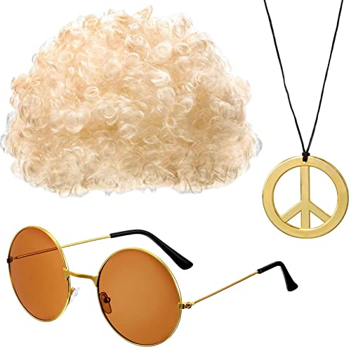 Hippie-Perücken-Set, Hippie-Perücken-Kostüm-Set, Afro-Perücken-Sonnenbrille, flippige Afro-Perücke, Hippie-Kostüm-Sonnenbrillen-Halskette. Enthält Afro-Perücke, Sonnenbrille, Disco-Halskette, Partyzub von TILEZE