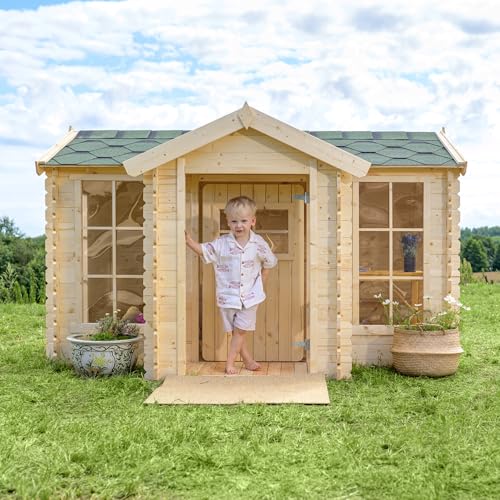 Timbela Kinderspielhaus aus Holz - Spielhaus im Freien für Kinder - B241xT178xH151 cm/2.63m2 Gartenspielhaus mit Veranda - Garten-Sommerhaus für Kinder M520 von TIMBELA