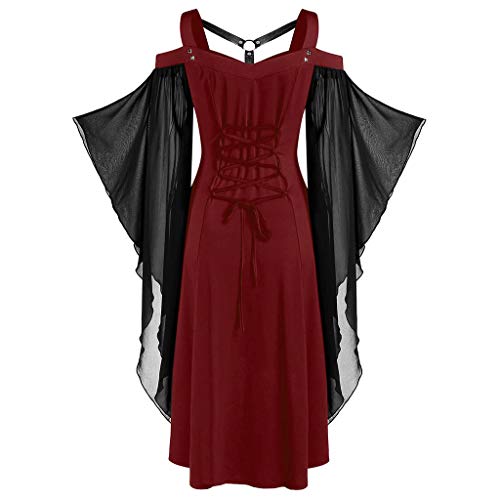 TIMELYE Kleidung Kreativen Halloween-Kostüm Unregelmäßiger Gothic Kleidung Damen Hexenkleid Beidseitig Fledermaus Kostüm Damen Kleidung Mittelalter Karneval Kostüm Damen Overall Hexen(1-Wine,L) von TIMELYE