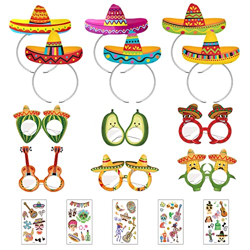 TIMJJG 12-teiliges mexikanisches Requisiten-Set, 5 Aufkleber, mexikanische Mottoparty, Make-up-Kostüm-Requisiten, dekorative Stirnbänder für Kinder, geeignet für Party-Dekoration, Maskerade von TIMJJG