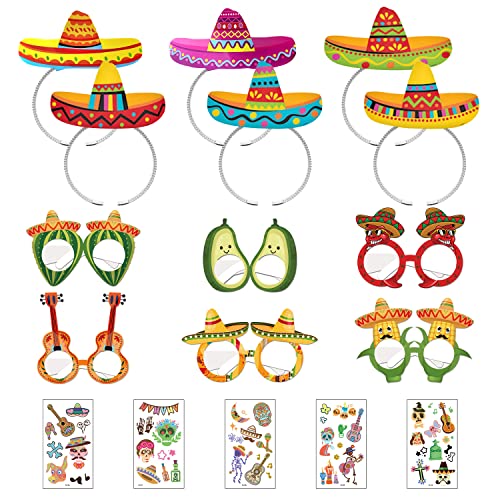 TIMJJG 12-teiliges mexikanisches Requisiten-Set, 5 Aufkleber, mexikanische Mottoparty, Make-up-Kostüm-Requisiten, dekorative Stirnbänder für Kinder, geeignet für Party-Dekoration, Maskerade von TIMJJG