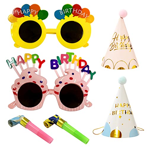 TIMJJG 2 Gläser, 2 Kegelhüte, 2 blasende Drachen, Geburtstagsparty-Set, Kinder-Party-Brille, Geburtstags-Papierhut, Pfeifen-Jubel-Requisiten, geeignet für Geburtstagsfeiern, Partys von TIMJJG