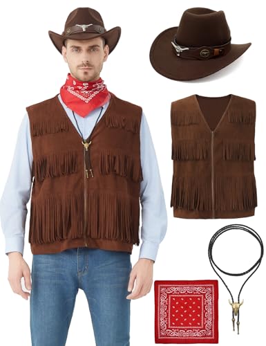 TIMSOPHIA Cowboy-Kostüm für Herren, Western-Outfits, Quasten-Weste für Erwachsene mit Hut, Bandana, Halskette für Halloween, Cosplay, Braun, Größe XL, 4 Stück TIMSOPHIA Cowboy-Kostüm für Herren, Western-Outfits, Quasten-Weste für Erwachsene mit Hut, Bandana, Halskette für Halloween, Cosplay, Braun, Größe XL, 4 Stück von TIMSOPHIA