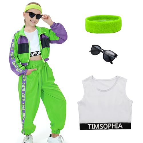 TIMSOPHIA Mädchen Hip Hop Tanzkostüm, 5-teiliges 80er- und 90er-Jahre-Kostüm für Kinder, modernes Jazzteam-Performance-Kostüm, grün, 4-5 Jahre von TIMSOPHIA