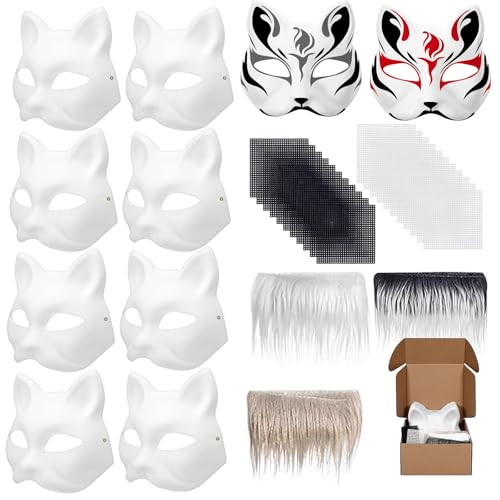 TINA.WIN 10 StüCk Katzen Masken Zum Bemalen, Diy, Mit Augennetz Und Langem Fell, FüR KostüMpartys, Cosplay, Halloween Und Andere Interaktive Partys von TINA.WIN