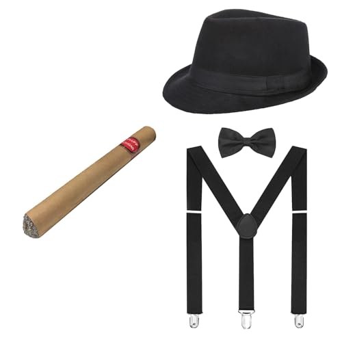 Herren-Kostüm, 1920er-Jahre, Retro-Gatsby-Party, brüllende 20er-Jahre-Kostüme, Gangster, Cosplay, Halloween, Hut, Fliege, Hosenträger, Set 1 Schwarz, Einheitsgr��e Herren-Kostüm, 1920er-Jahre, Retro-Gatsby-Party, brüllende 20er-Jahre-Kostüme, Gangster, Cosplay, Halloween, Hut, Fliege, Hosenträger, Set 1 Schwarz, Einheitsgr��e von TINAYAUE