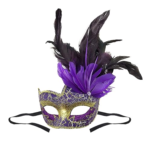 TINAYAUE Dame Maskerade Maske mit Feder wunderschön Gesichtsmasken Vintage Spitzenmaske niedlich Halbgesichts Augenbinde Opernmaske Venezianische Augenmaske für Halloween, Karneval, Themenpartys von TINAYAUE