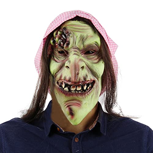 TINAYAUE Grüne Hexenmaske Masken der Alten Hexe Alte Hexenmaske mit Haaren und Kopftuch Gruselige Zauberermaske Realistische Menschenkopf Latex Maske für Halloween Karneval Ostern Cosplay Maskerade von TINAYAUE