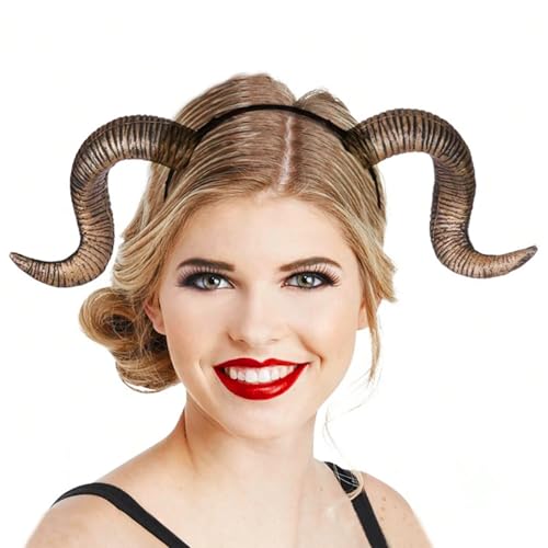 TINAYAUE Halloween Schaf Hörner Stirnband Gothic Cosplay Haarreifen Teufel Kopfschmuck Kostüm Party Zubehör Karneval Dekor für Erwachsene (Golden) von TINAYAUE