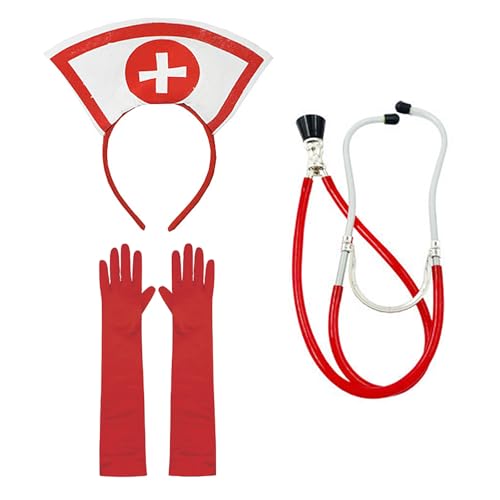 TINAYAUE Krankenschwester-Kostüm-Set, 3-teilig, Haarreif, Sturmhaube, weiß, mit rotem Kreuz + Handschuhe für Kostümpartys + rotes Stethoskop für Krankenschwesterrolle TINAYAUE Krankenschwester-Kostüm-Set, 3-teilig, Haarreif, Sturmhaube, weiß, mit rotem Kreuz + Handschuhe für Kostümpartys + rotes Stethoskop für Krankenschwesterrolle von TINAYAUE