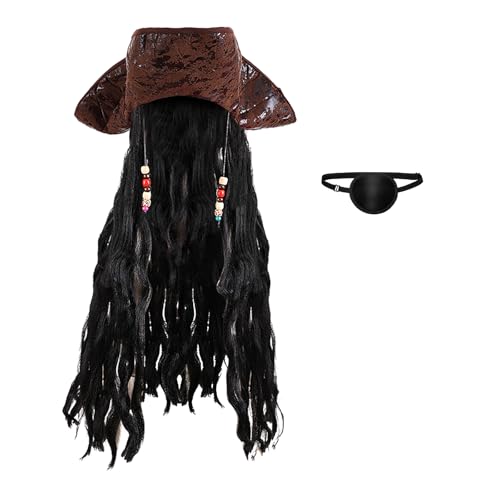 TINAYAUE Mittelalter Piratenhüte Unisex Piratenhut Augenklappe Set Vintage Piraten Kapitänsmütze mit Perücke Abenteurer Seemann Perücke Kostüm Set Cosplay Kostümzubehör für Halloween, Karneval TINAYAUE Mittelalter Piratenhüte Unisex Piratenhut Augenklappe Set Vintage Piraten Kapitänsmütze mit Perücke Abenteurer Seemann Perücke Kostüm Set Cosplay Kostümzubehör für Halloween, Karneval von TINAYAUE