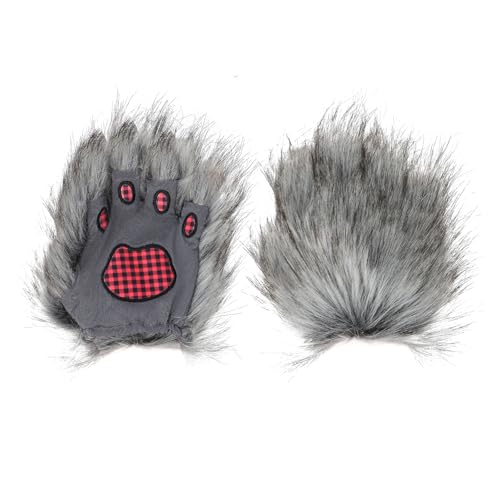 TINAYAUE Pelzpfoten-Handschuhe, Wolfsohren-Hut, grauer Werwolf-Kostüm für Erwachsene und Kinder, niedliches Halloween-Tier-Cosplay-Zubehör, Plüsch, warme Mütze, fingerlose Wolfskrallen, Handschuhe TINAYAUE Pelzpfoten-Handschuhe, Wolfsohren-Hut, grauer Werwolf-Kostüm für Erwachsene und Kinder, niedliches Halloween-Tier-Cosplay-Zubehör, Plüsch, warme Mütze, fingerlose Wolfskrallen, Handschuhe von TINAYAUE