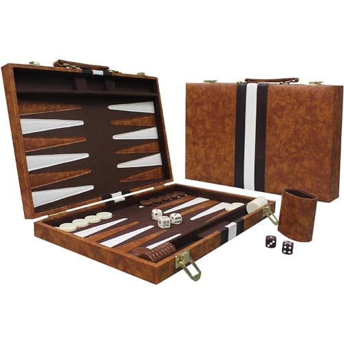 TINMAGI Backgammon, Klassisches Brettspiel für Erwachsene, Tragbares Set mit Hochwertiger Ledertasche, Für Reisen und Familie, 15 Zoll, Braun, 2 Spieler, Ab 14 Jahren von TINMAGI
