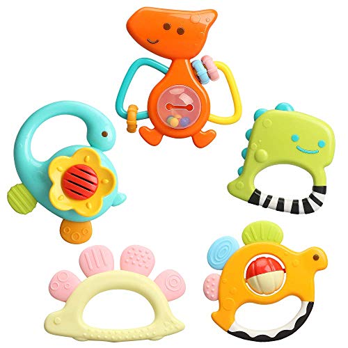 TINOTEEN Baby Rattles Spielzeugset, 5 Stück Beißring Shaker Grab Spin Rassel Spielzeug für 3 6 9 12 18 Monate Babys Neugeborenes von TINOTEEN