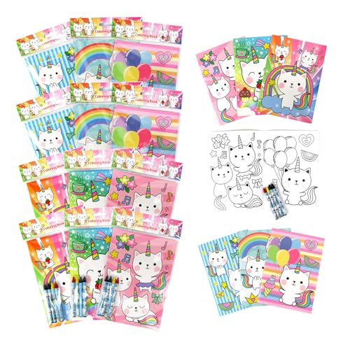 TINYMILLS Unicorn Kitty Caticorn Cat Malbuch-Set mit 12 Malbüchern und 48 Buntstiften, Einhorn-Katzen-Geburtstagsparty-Zubehör, Geschenktütenfüller, Karnevalspreise, Belohnungen, Klassenzimmerparty von TINYMILLS