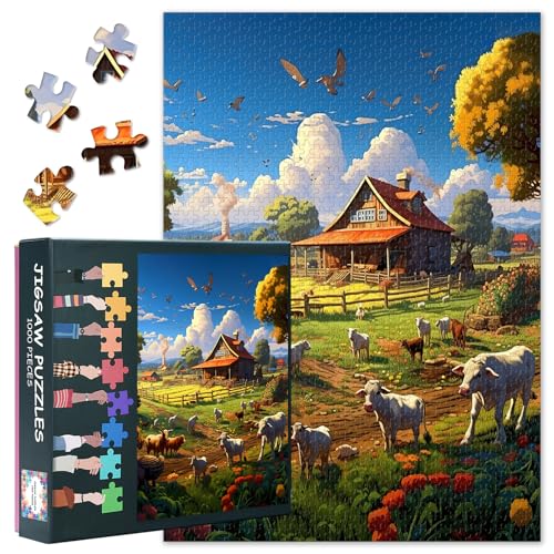 1000 Stück Bauernhof Mit Kühen Jigsaw Puzzles Kühe Auf Einer Grünen Wiese Spaß Puzzle Für Erwachsene Familienspiele Dekompression Herausforderndes Jigsaw Puzzle Als Geschenk Für Freunde 50cmx70cm von TISHIRON