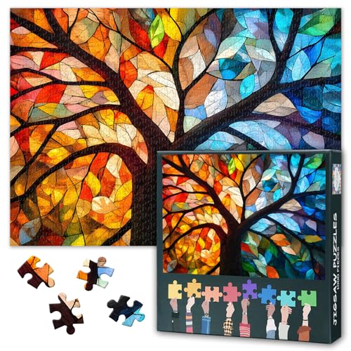 1000 Stück Bunte Blätter Jigsaw Puzzles Für Erwachsene Dekompression Jigsaw Puzzle Unmögliche Herausforderung Glasmalerei Blätter Puzzles Perfekt Für Familie Spielabend 70cmx50cm von TISHIRON