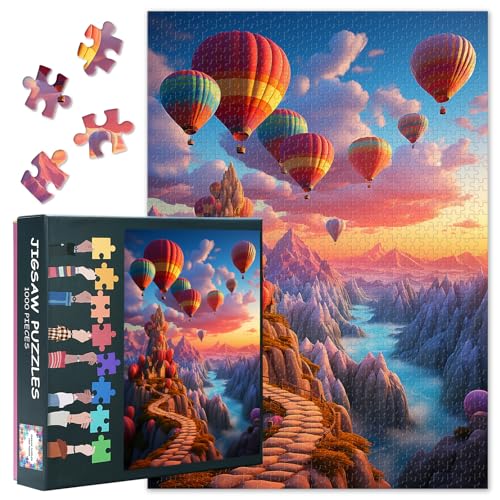 1000 Stück Heißluftballons Jigsaw Puzzles Für Erwachsene Herausforderung Bunte Heißluftballons Fliegen über Berg Jigsaw Puzzles Lustige Landschaft Puzzle Als Geschenke Für Familienfreunde 50cmx70cm von TISHIRON