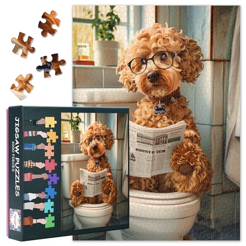 1000 Stück Hund Sitzt Auf Toilette Und Lesen Zeitung Puzzles Für Erwachsene Niedlichen Hund Lesen Zeitung Puzzles Für Geburtstag Party Geschenk Intelligenz Puzzle Für Familie Indoor-Spiele 70cmx50cm von TISHIRON