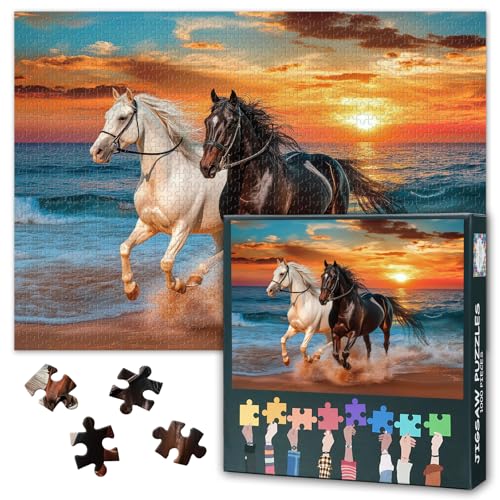 1000 Stück Puzzle für Erwachsene Schwarzes und weißes Pferd - Jigsaw Puzzles 1000 Teile, schwer unmöglich schwierig herausfordernde Puzzle Beach Sunset (70 x 50 cm), Family Game Night von TISHIRON