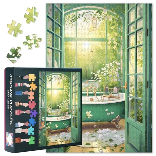 1000 Stück Puzzles für Erwachsene grün Badezimmer - Puzzle 1000 Teile Badewanne, schwer herausfordernde Puzzle botanischen Blumen Thema (70 x 50 cm), Familie Spielabend & Home Decor von TISHIRON